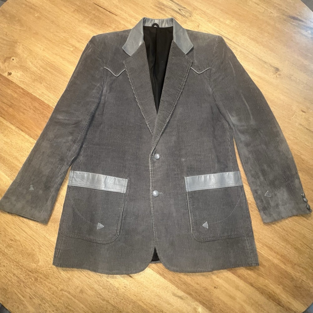 Vtg 80s PIONEER WEAR SZ Large Gray Retro CORDUROY LEATHER JACKET BLAZER WESTERN